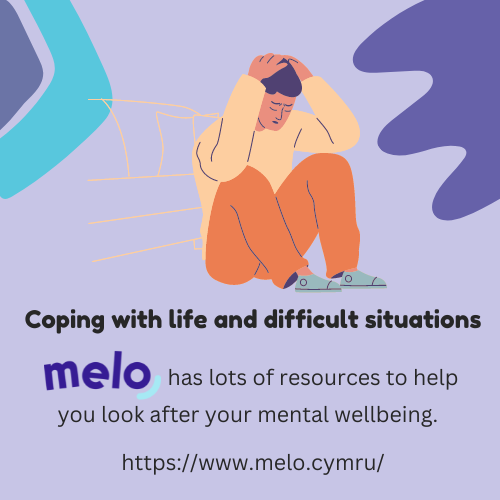 A man sat on the floor with his hands on his head, feeling stressed. With caption "Coping with life and difficult situations - Melo has lots of resources to help you look after your mental wellbeing"